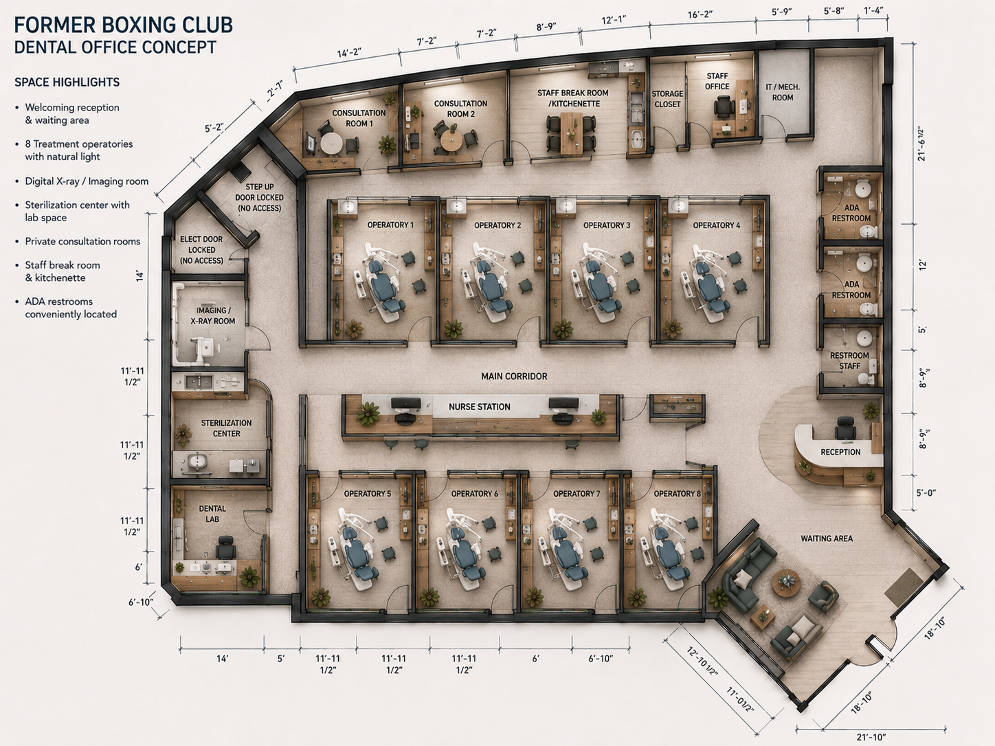 Conceptual dental office layout for the available 4,658 SF space at Lake Underhill Plaza