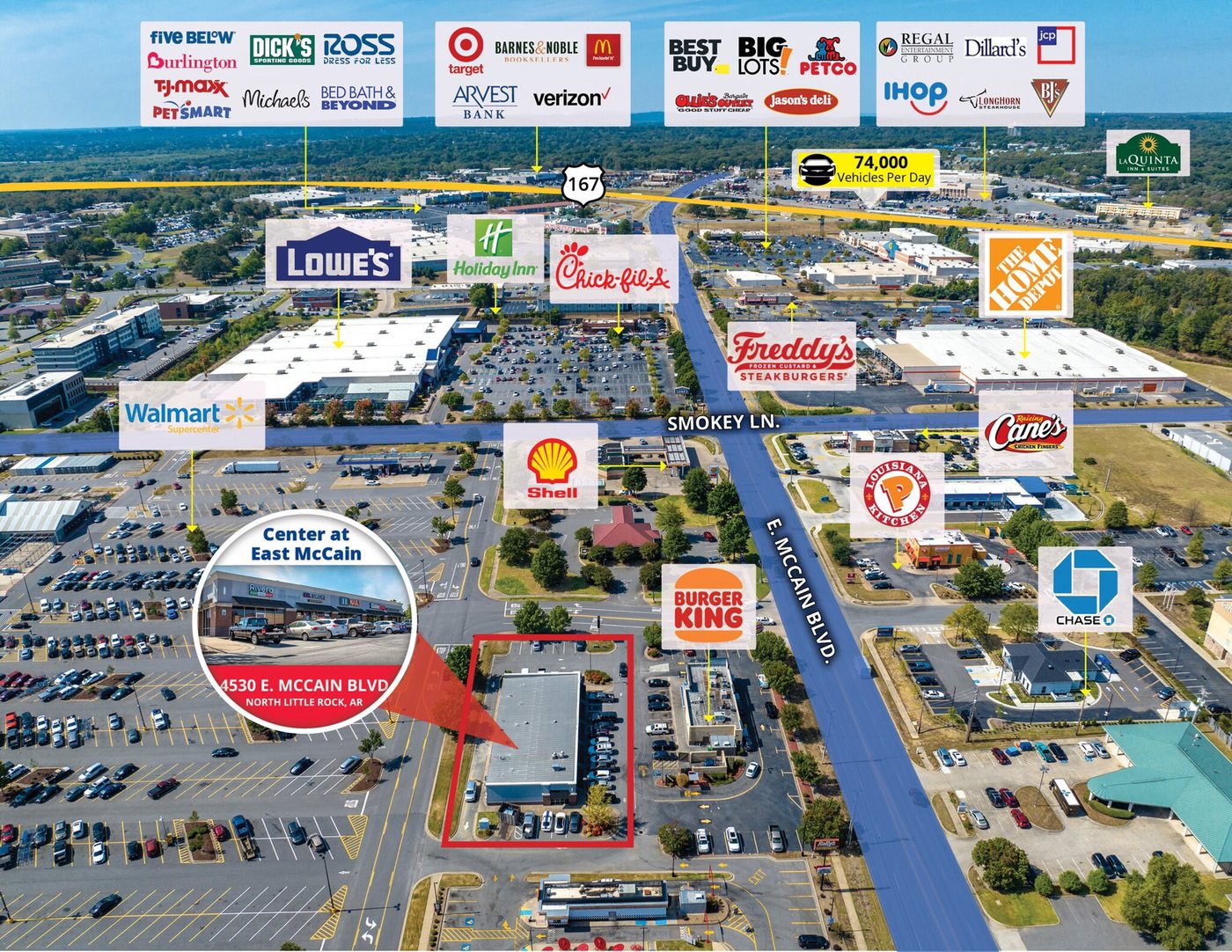 Annotated aerial of Center at East McCain surrounded by major national retailers, restaurants and hotels in North Little Rock