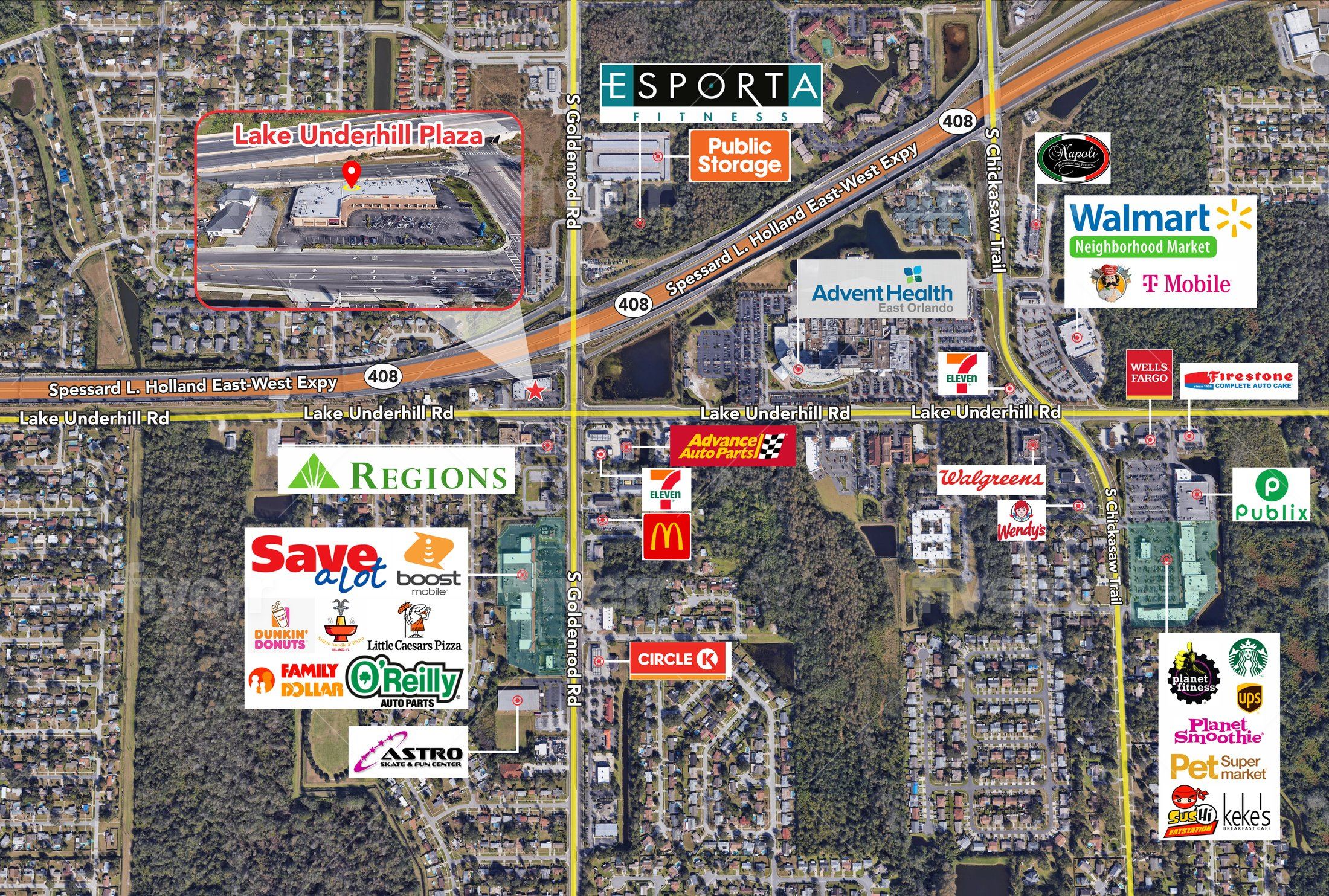 Aerial map of Lake Underhill Plaza near AdventHealth East Orlando and SR 408