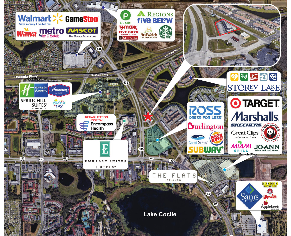 Annotated aerial showing Vineland Plaza among nearby hotels, retailers and residential communities along Vineland Road / SR 535