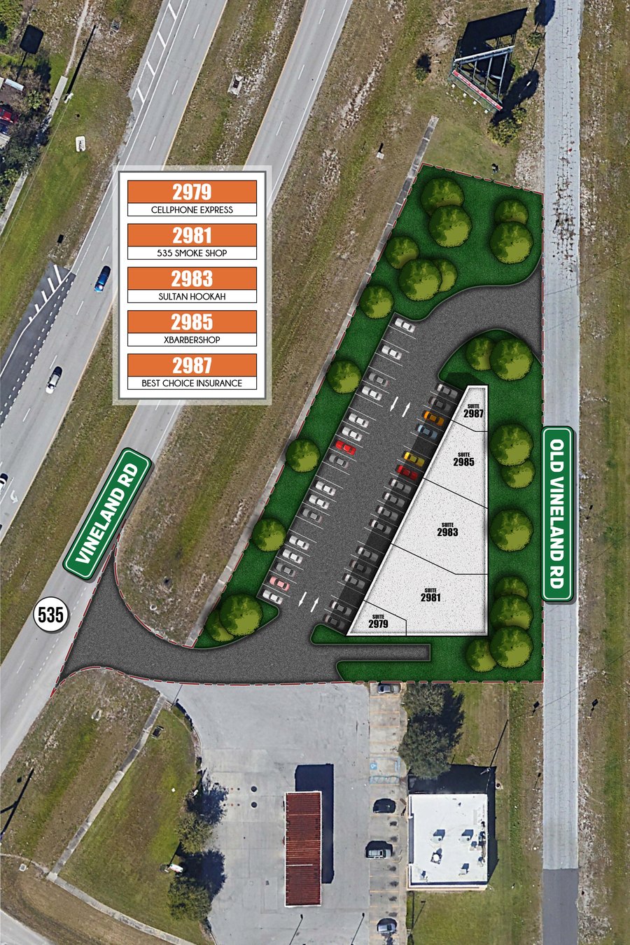 Vineland Plaza site plan showing five tenant suites, parking, access and frontage along Vineland Road / SR 535 and Old Vineland Road.