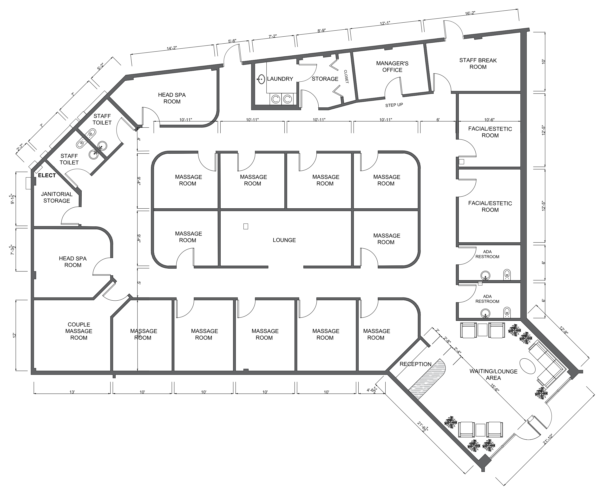 Conceptual Massage and Day Spa layout for the available 4,658 SF space at Lake Underhill Plaza