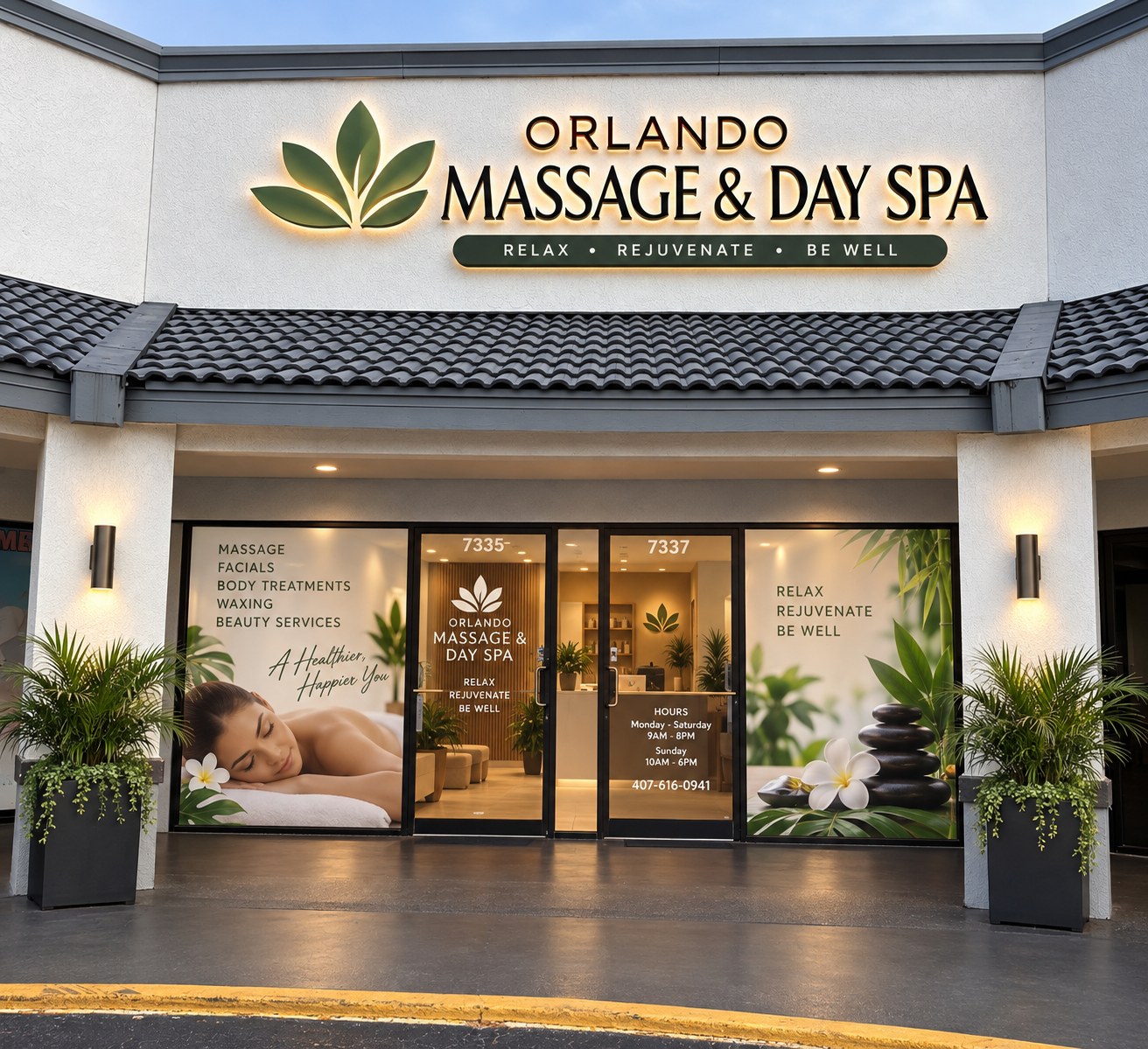 Conceptual Massage and Day Spa storefront at Lake Underhill Plaza in East Orlando