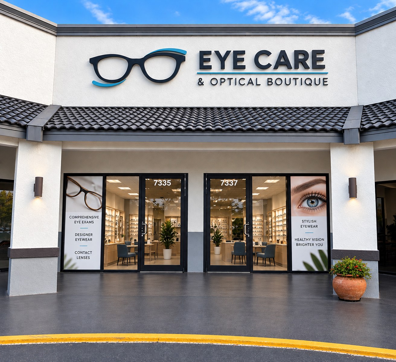 Conceptual eye care and optical boutique storefront at Lake Underhill Plaza in East Orlando