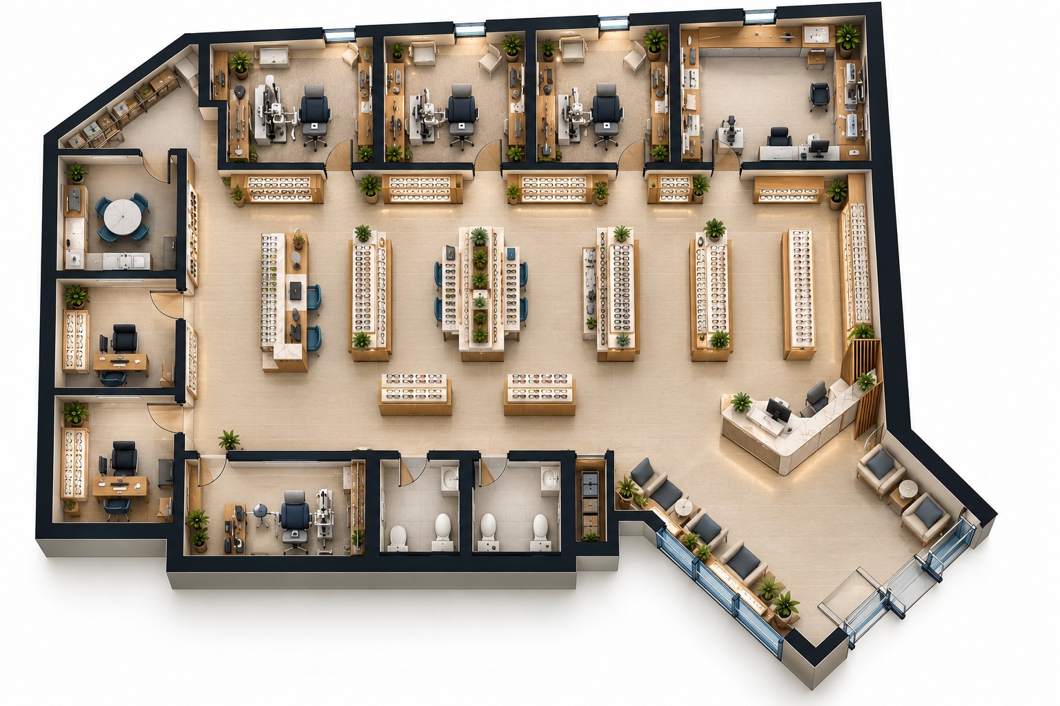 Conceptual optometry and optical retail layout for the available 4,658 SF space at Lake Underhill Plaza