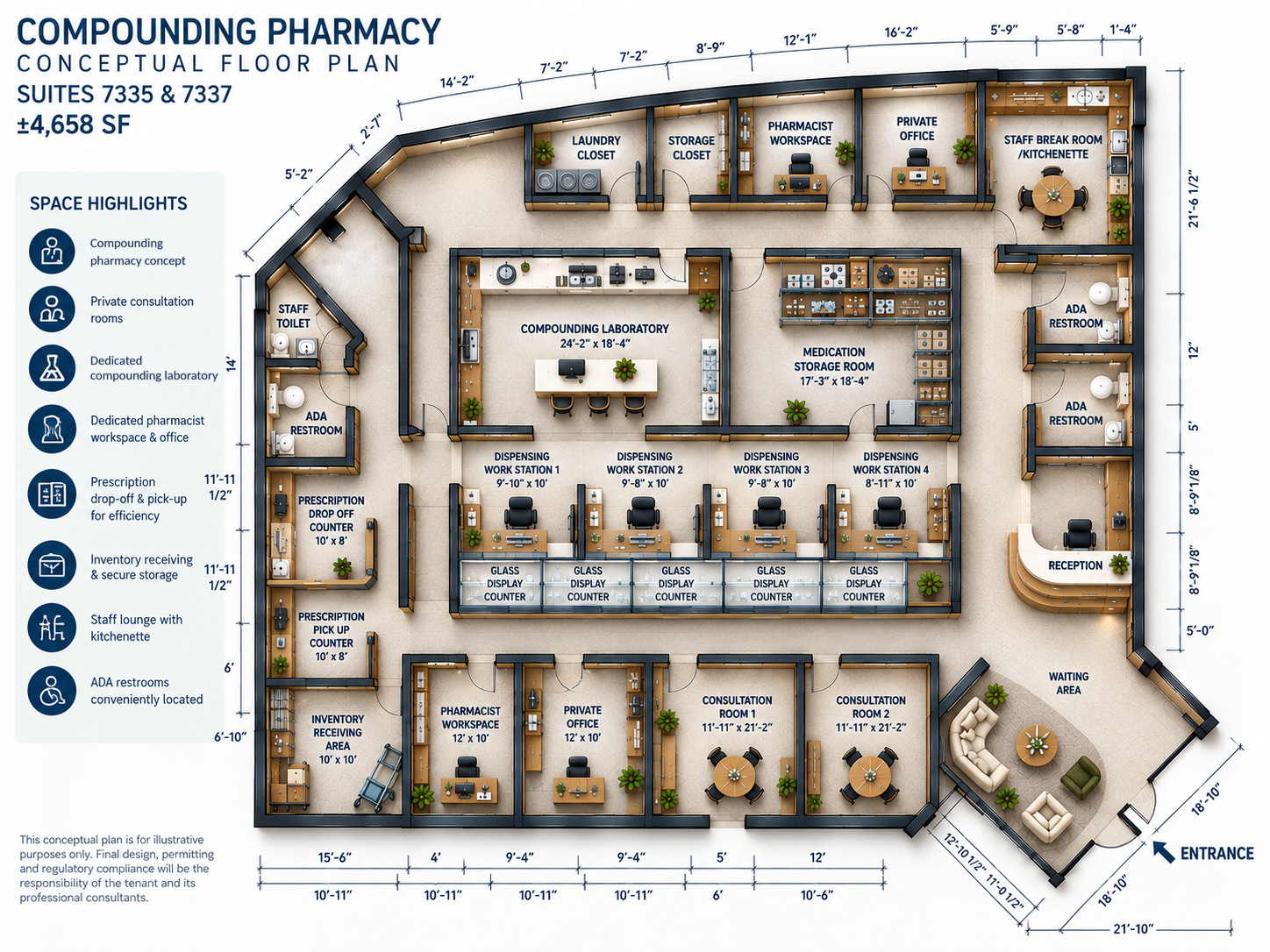 Conceptual Compounding Pharmacy layout for the available 4,658 SF space at Lake Underhill Plaza