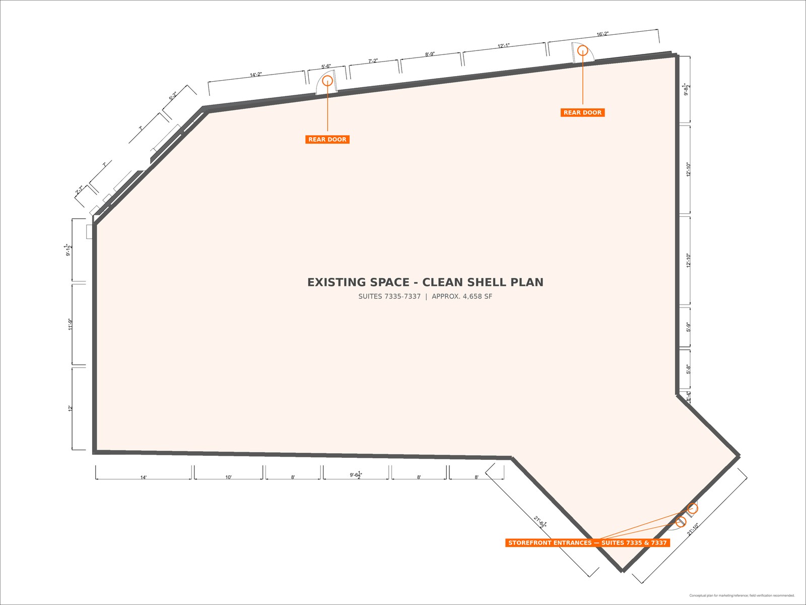 Existing clean shell floor plan of Suites 7335 and 7337 at Lake Underhill Plaza