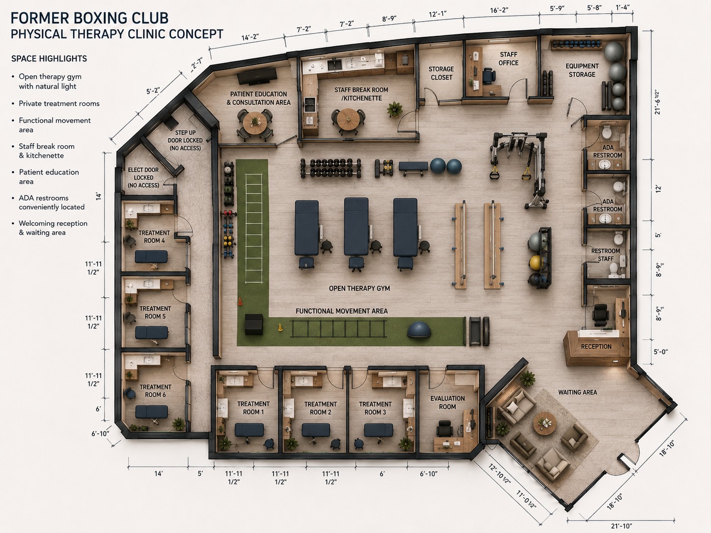 Conceptual physical therapy clinic layout for the available 4,658 SF space at Lake Underhill Plaza