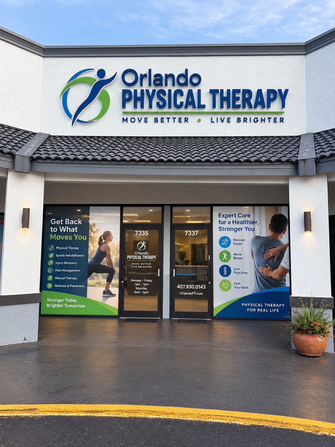 Conceptual physical therapy clinic storefront at Lake Underhill Plaza in East Orlando