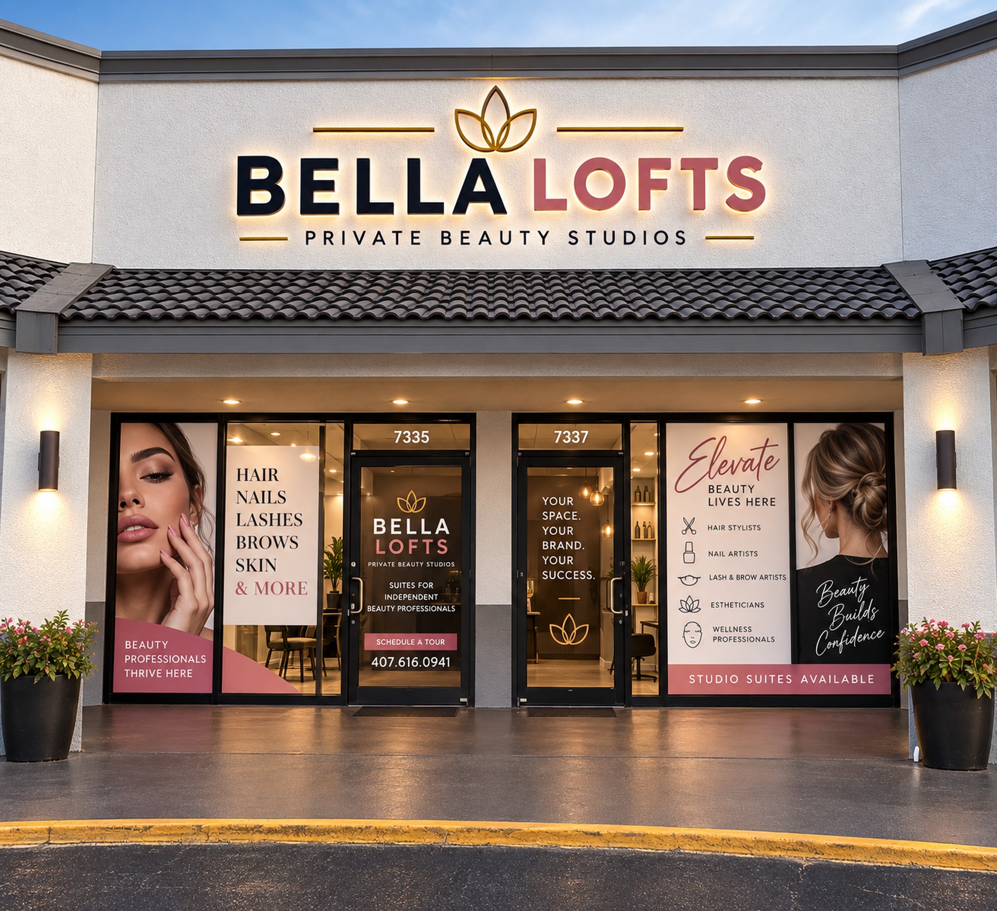 Conceptual salon suites storefront at Lake Underhill Plaza in East Orlando
