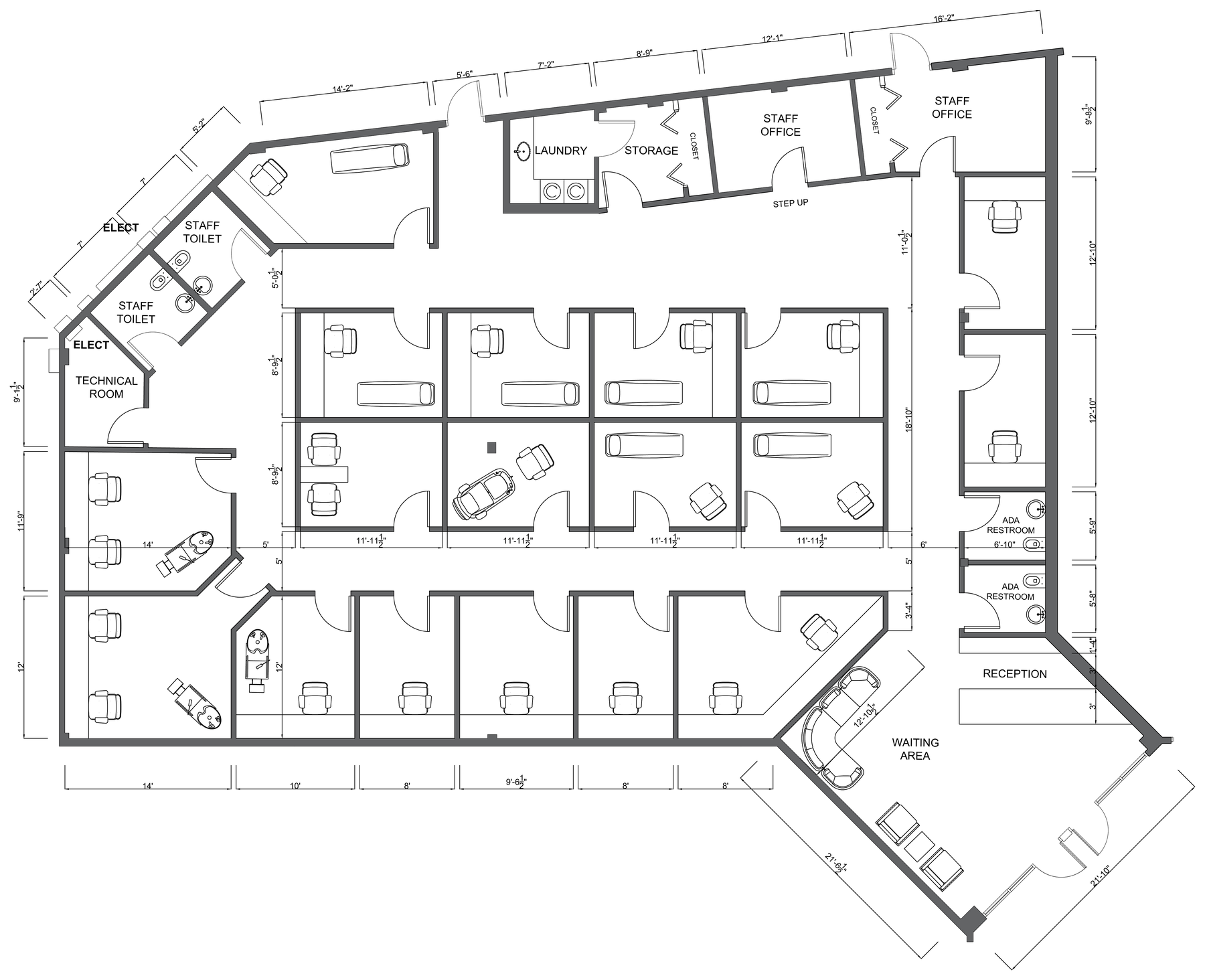 Conceptual 18-suite salon suites layout for the available 4,658 SF space at Lake Underhill Plaza